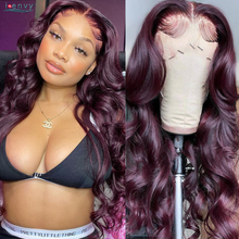 Load image into Gallery viewer, 99J Burgundy Lace Front Wig Body Wave Colored Transparent Lace Wig Peruvian Lace Frontal Wig Human Hair Wigs Red pre pluck Remy
