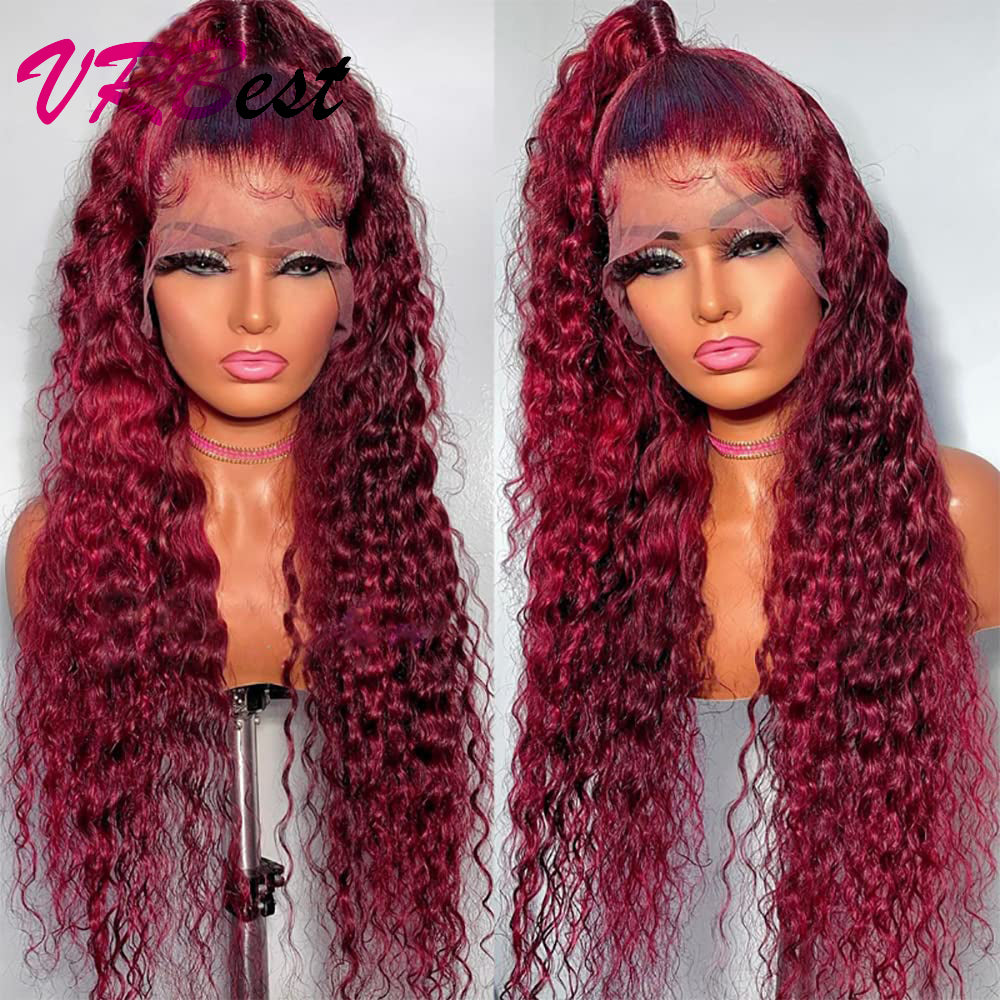 99J Colored Lace Front Human Hair Wigs Deep Wave Burgundy 13x4 HD Transparent Lace Frontal Wig Glueless Wine Red Wig For Women