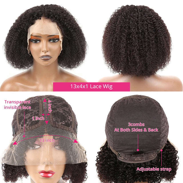 Afro Kinky Curly Wig Human Hair Wigs T Part Transparent Lace Short Curly Bob Wig 200 Density Thick Wigs For Women Preplucked Wig