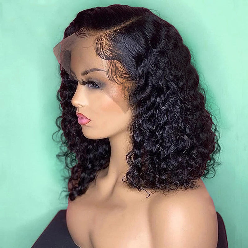 Short Curly Bob Human Hair Wigs For Women Brazilian Afro Natural Loose Deep Water Wave transparent lace frontal Closure wig