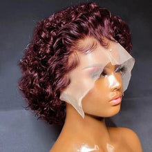 Load image into Gallery viewer, Pixie Cut Wig Short Bob Curly Human Hair Wigs Cheap 13X1 Transparent Lace 99J Burgundy Water Deep Wave Lace Front Wig For Women
