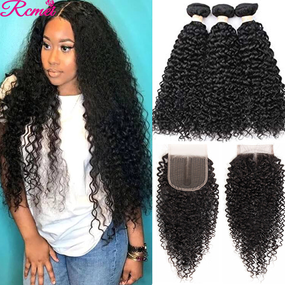 40" Bone Deep Curly Wave Bundles With Closure Brazilian Bundles With 5x5x1 Closure Kinky Curly Human Bundles With Closure Remy