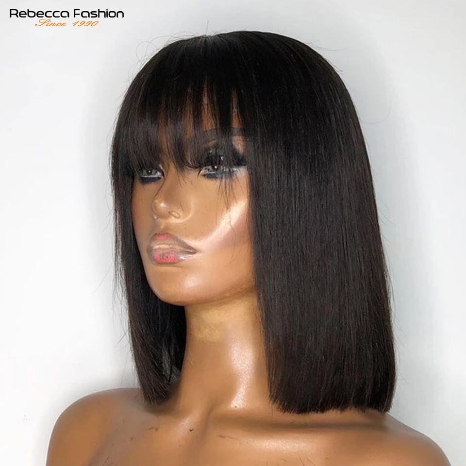 Rebecca Straight Bob Human Hair Wigs With Bangs Full Machine Made Wigs Brazilian Remy Human Hair Bob Wigs For Woman 12 inch