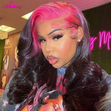 Load image into Gallery viewer, Pink Root 13x4 Body Wave Lace Frontal Wig HD Transparent Lace 180% Density Pink Highlight Human Hair Wig Pre Plucked Remy Wig
