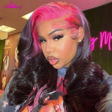 Load image into Gallery viewer, Pink Root 13x4 Body Wave Lace Frontal Wig HD Transparent Lace 180% Density Pink Highlight Human Hair Wig Pre Plucked Remy Wig
