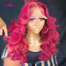 Load image into Gallery viewer, Pink Root 13x4 Body Wave Lace Frontal Wig HD Transparent Lace 180% Density Pink Highlight Human Hair Wig Pre Plucked Remy Wig
