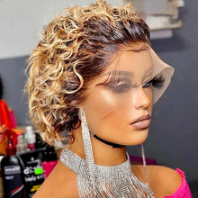 Load image into Gallery viewer, Pixie Cut Wig Short Bob Curly Human Hair Wigs Cheap 13X1 Transparent Lace 99J Burgundy Water Deep Wave Lace Front Wig For Women
