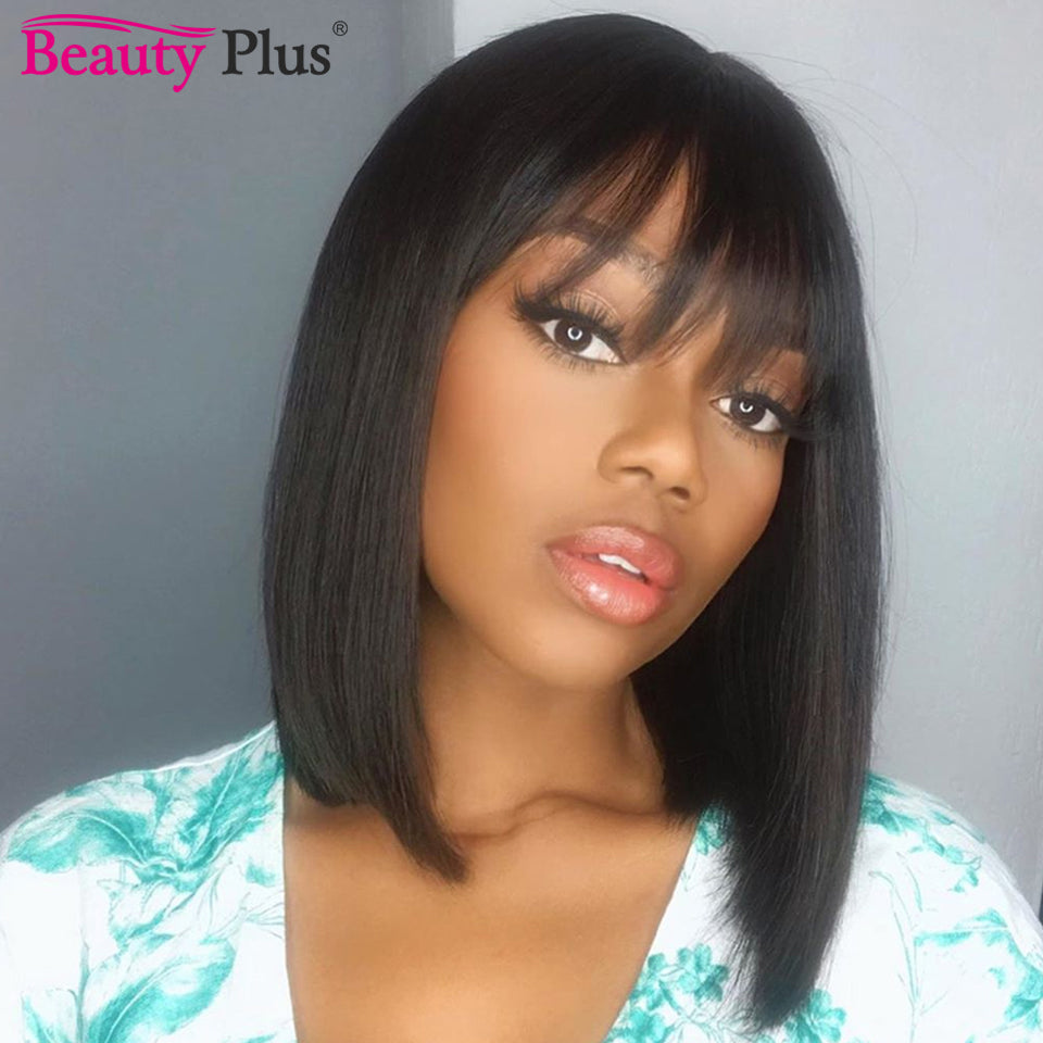 Short Bob Wigs For Black Women Natural Black Brazilian Straight Human hair Wigs With Bangs Full Machine Made Glueless Fringe Wig