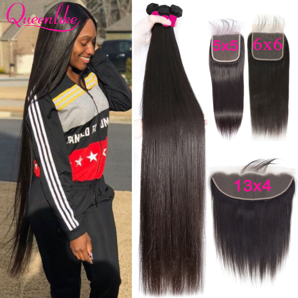 4x4 5x5 Lace Closure And 30 40 inch Human Hair Bundles With 13x4 Lace Frontal Straight Brazilian Remy Weave Bundles With Closure